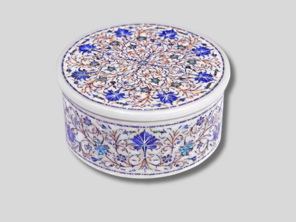 White Marble Round Jewelry Trinket Box Lapis Floral Fine Marquetry Inlay Art, Wedding Gift